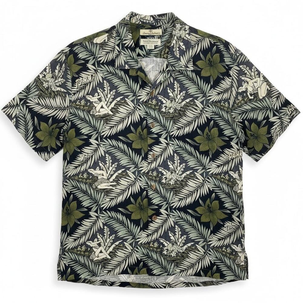 TOMMY BAHAMA 100% SILK HAWAIIAN Shirt Green Gray PARADISE DETECTIVE Size XL